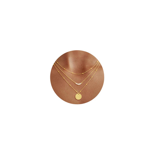 CHESKY 14K Gold Plated Layered Necklaces for Women,Stackable Dainty CZ Bar Disc Pendant Necklace Adjustable Layering Beads Chain Choker Necklace Jewelry Gifts