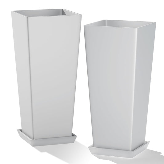 PolarcoForgeco 24" Tall White Planters for Outdoor Plants Set of 2, Large Flower Pots Planters with Drainage Holes & Tray, Modern Indoor Tapered Tall Planter for Front Porch