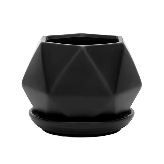 Napco 14347 Geometric Shape Matte Finish Black 4.25 Inches Ceramic Indoor/Outdoor Garden Planter Pots with Saucer