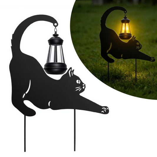 Lily's Home Black Metal Cat Garden Decor with Solar Light Lantern - Outdoor Solar Lights for Pathway & Patio - Durable Waterproof Metal - Yard & Patio Decor - Unique Gift for Cat Lovers - 18'' Tall