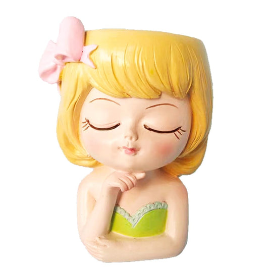 Cute Head Planter Pot Resin Succulent Planter Little Girl Flower Pot, Human Face Cactus Plants Container Bonsai Holder Thumb Pot Fairy Figurine Statue Planters with Drainage Decor Gift (Yellow)