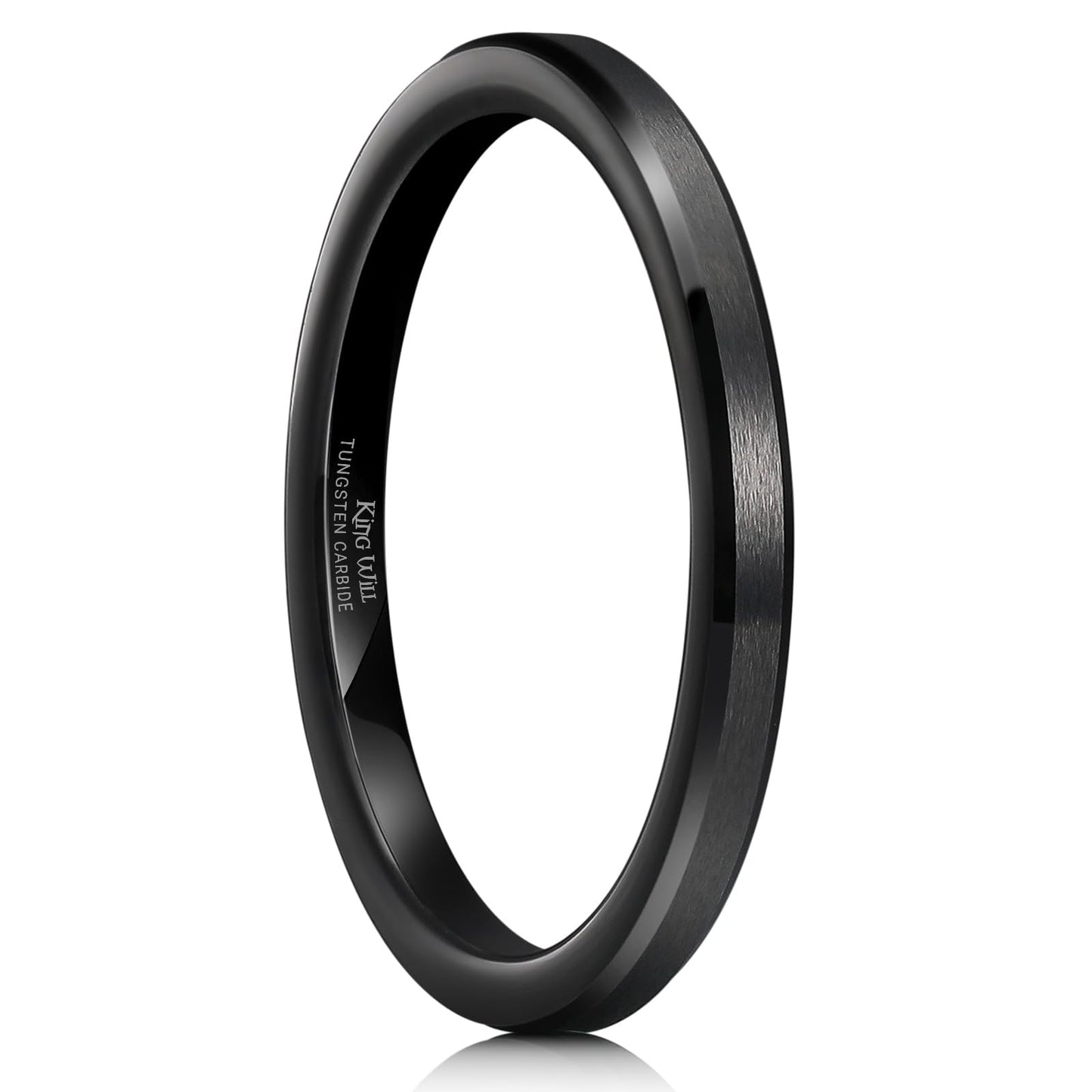 King Will 2mm Black Tungsten Men's Wedding Band - Brushed Matte Finish, Beveled Polished Edge, Comfort Fit Size 9