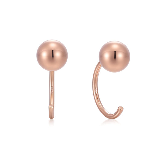 CHIC & ARTSY Backless Earrings for Women 18K Rose Gold Plated 925 Sterling Silver Half Huggie Hoop Earrings 5mm Ball No Back Earrings Stay Close Hoop Earrings