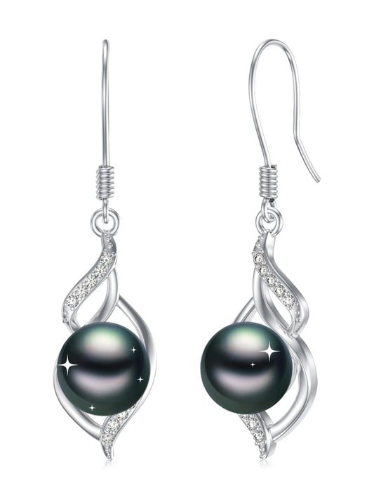KANNSOAR 7MM Tahitian Black Pearl Dangle Drop Earrings, 18K White Gold Plated Sterling Silver Everyday Earrings for Women Wife Girlfriend Hypoallergenic Jewelry Gift for Anniversary Birthday Christmas
