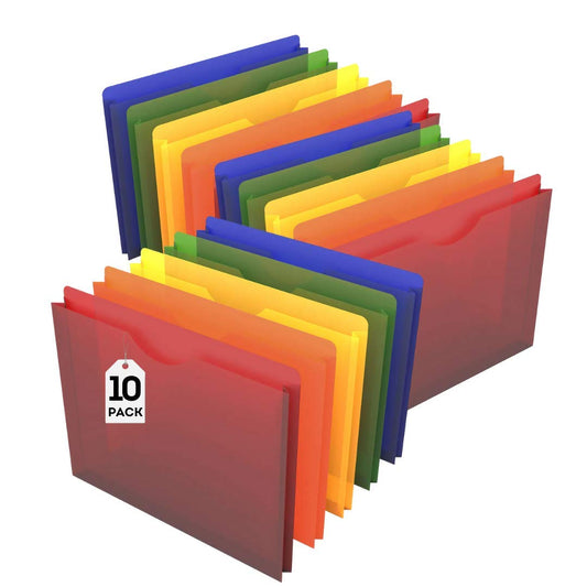 1InTheOffice Expandable Plastic File Folders, Pockets, Letter Size, Moisture Resistant, 1" Jacket, Assorted Colors, 10/Pack
