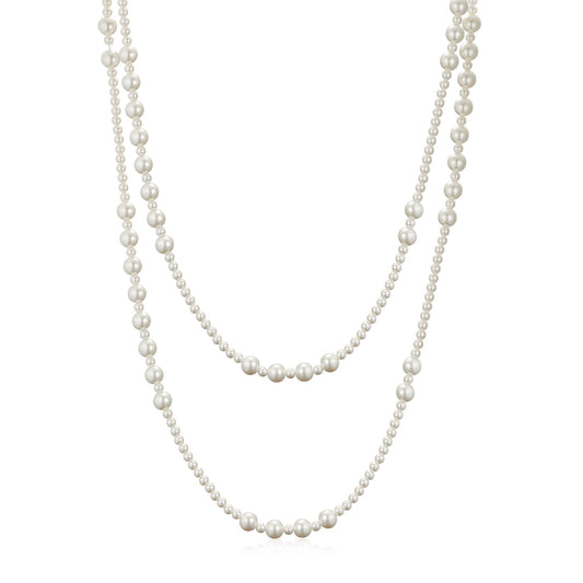 IDOKAWA 8MM Round Simulated Shell Pearl Strand Layered Necklace for Women, Dainty Multiple Strands Long Necklace for Party, Vintage Costume Jewelry (59 inches)