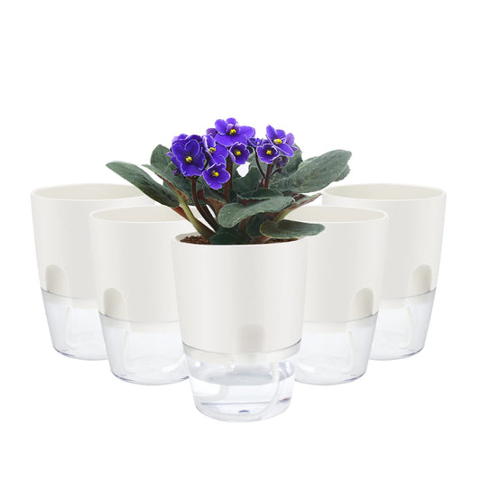 ShineMe Self Watering Pots, 5 Pack Self Watering Planters for Indoor Plants, 4.1 inch Plastic Plant and Flower Pots for African Violets, Herbs, Aloe, Peace Lily with Absorbent Cotton Rope