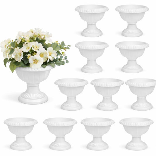 Yardwe 12 Pcs Small Plastic Urn Planter, Mini Roman Pot Pedestal Planters for Wedding Centerpieces, Vintage Decorative Flowerpot for Table Decor, White