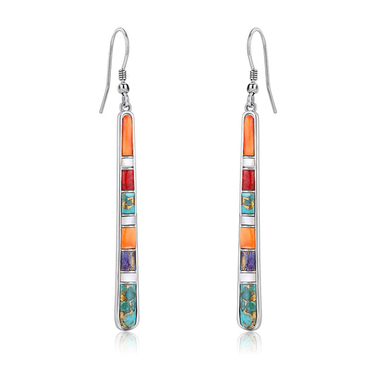 Phyonio Turquoise Earrings for Women 925 Sterling Silver Multicolor Gemstones Dangle Earrings Bohemian Style Statement Bar Earrings Dangle Earrings for Women Summer Earrings Valentines Gifts