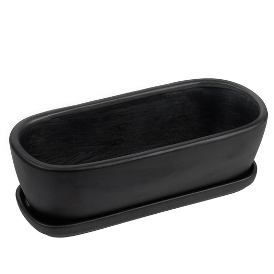 MyGift 14 Inch Oval Modern Matte Black Ceramic Succulent Planter Pot with Drainage Hole and Removable Saucer, Decorative Indoor House Plant Container for Flowers, Cactus, Herbs