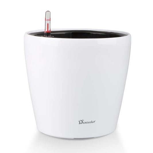 Dexceder 9x8 Inches High Gloss Self Watering Planter Indoor Outdoor, Inner Pot Design, Thickened Table Flower Plant Pot with Water Level Indicator (White)