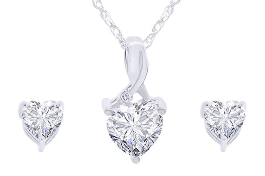 Heart-Shaped Simulated White Sapphire & Round Diamond Accent Pendant Necklace & Earrings Set for Women in 14K Gold Plated 925 Sterling Silver, 18" Rope Chain & Push Backs, Elegant Jewelry Gift