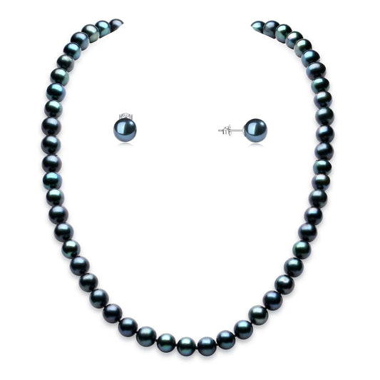 YAMI Tahitian Black Pearl Necklace and Earrings Set, Saltwater Cultured Pearl 8.5-9mm Strand Necklace with Round Studs 7.5-8mm, 925 Sterling Silver Clasp Jewelry Set for Women