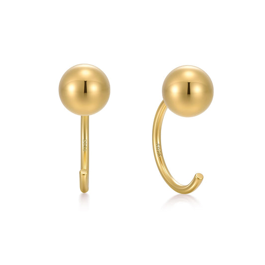 CHIC & ARTSY Backless Earrings for Women 18K Yellow Gold Plated 925 Sterling Silver Half Huggie Hoop Earrings 5mm Ball No Back Earrings Stay Close Hoop Earrings Nap Earrings