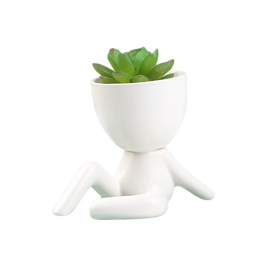 DIYOMR Cute Humanoid Ceramic Planter Pot, 3.6” Tall White Doll Small Succulent Bonsai Pots Cactus Container Creat Design for Home Office Desktop Decor, Not Include Plants(White C)