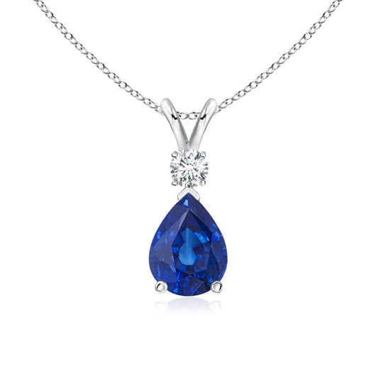 Angara Natural Blue Sapphire Solitaire Pendant for Women | Prong-Set Blue Sapphire Teardrop V-Bale Pendant with Diamond in Platinum | September Birthday, Gemstone Jewelry Gift | AAA | 6x4mm