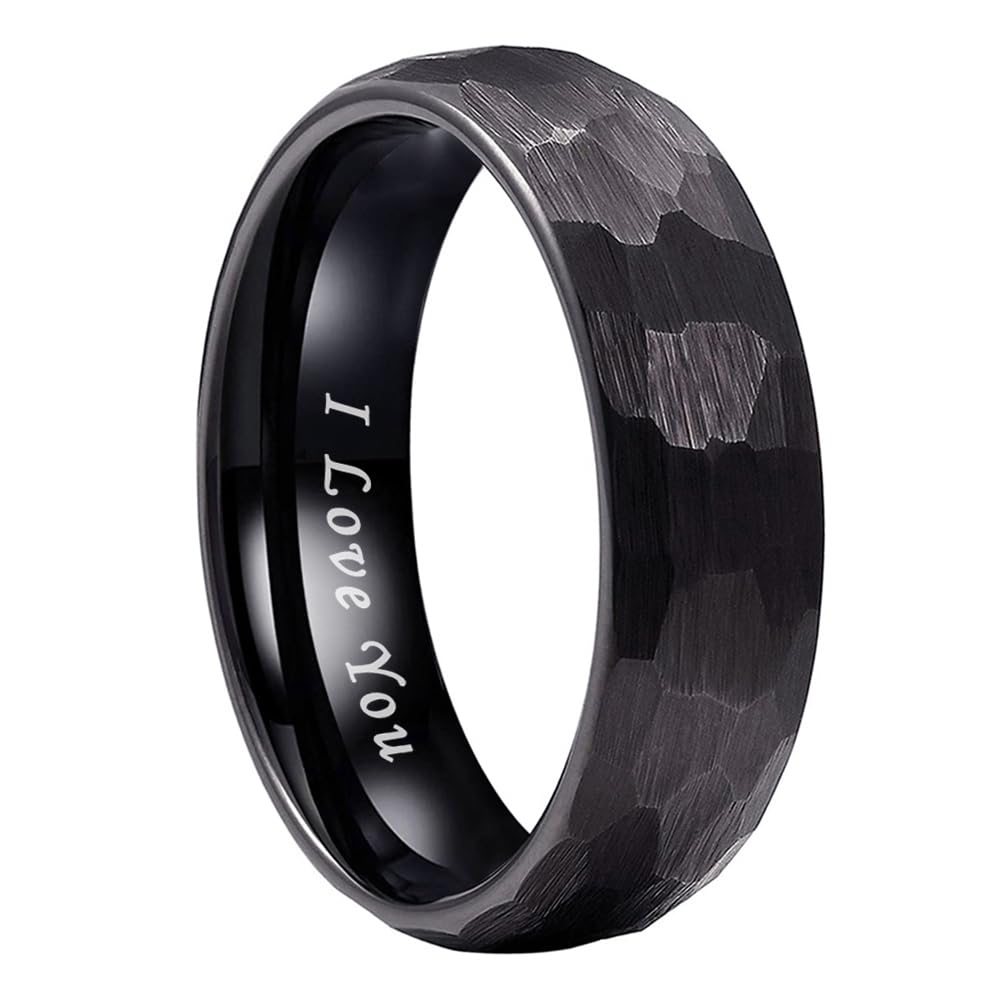 TUTISS 6mm Black Hammered Tungsten Carbide Rings for Men Women Engagement Wedding Bands Domed I Love You Engraved Comfort Fit Size 10