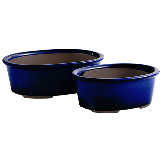Wazakura Banko Series 2 PCS Blue Bonsai Pot Set with Drainage Holes, Made in Japan Ceramic Garden Planter Pack, Handmade Glazed Houseplant Bowl