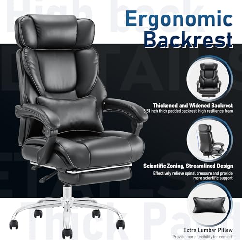 COLAMY Office Chair with Retractable Footrest, Ergonomic High Back Design Executive Computer Desk Chair with Removable Lumbar Pillow, 90-135°Reclining, Thick Bonded Leather for Home Office Work, Black