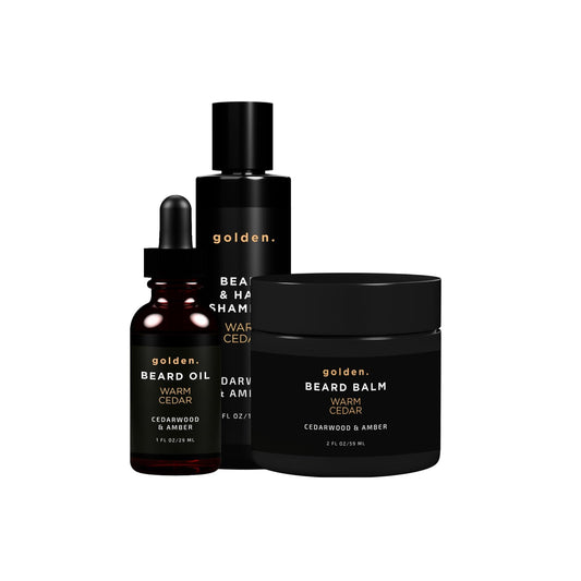 Golden Grooming Co. Everyday Beard Bundle – Complete Beard Care Set | Includes Beard Oil, Balm & Shampoo (Regular, Warm Cedar)