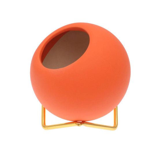 EXCEART Round Orange Ceramic Flower Pot with Electroplated Iron Rack 3.9 X 4.1 X 3.9 Inch Indoor Planter for Succulents and Home Decor
