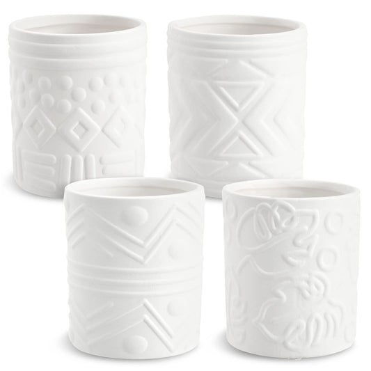 Bright Creations - Themed Designs, Unpainted Flower Pots with Drainage Holes, Rubber Plugs, and Small Sticker Pads (3x3x4 inches, White) - Set of 4