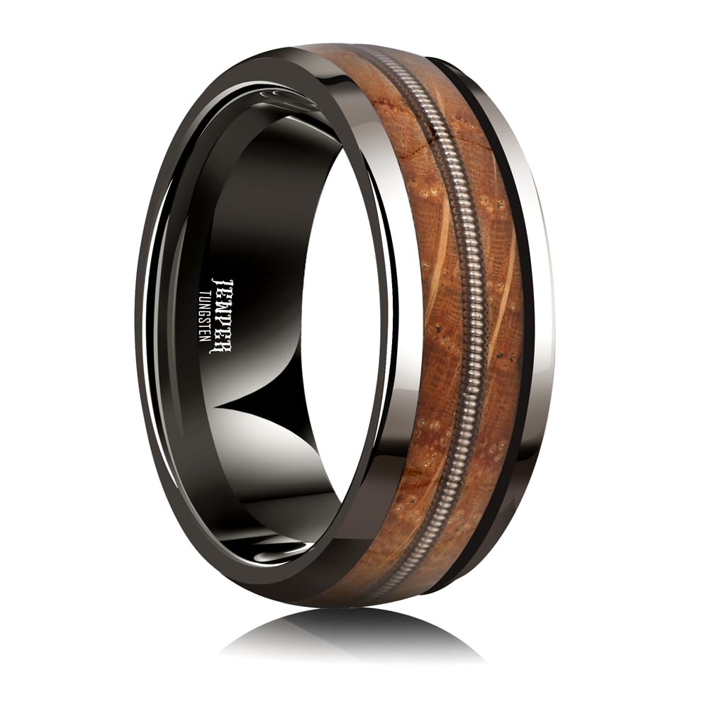 JEWPER 8mm Men Womens Wedding Band Tungsten Rings dark gun black Fashion Promise Carbide Inlaid Guitar Strings whiskey barrel wood Matte Finish Edge Comfort Fit Size(13)