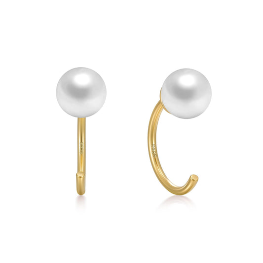 CHIC & ARTSY Backless Earrings for Women 18K Yellow Gold Plated 925 Sterling Silver Half Huggie Hoop Earrings White Simulated Shell Pearl No Back Earrings Stay Close Hoop Earrings