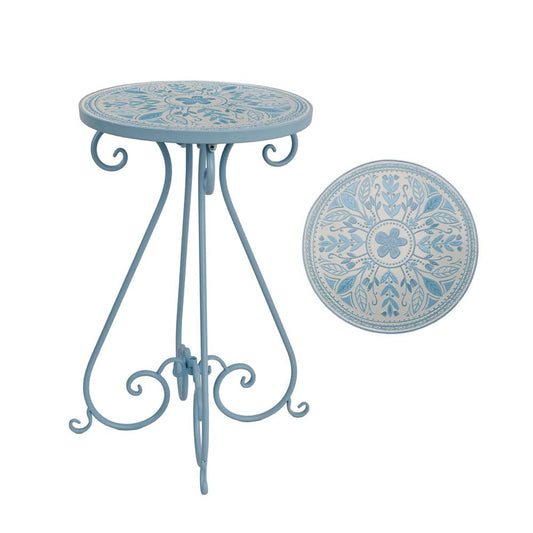 Vintage Outdoor Side Table Round Mosaic Ceramic Tile Top 14" Diameter Metal Plant Stand for Flower Pots Vase Garden Home Porch Pool Indoor Decor Weather Resistant Outside Patio Accent End Furniture