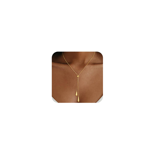 CHESKY Lariat Gold Necklace for Women, Dainty Long Necklace 14k Gold Plated Y-Shaped Pendant Necklace Trendy Large Water Droplet Chain Drop Necklaces Simple Gold Jewelry for Women Gifts