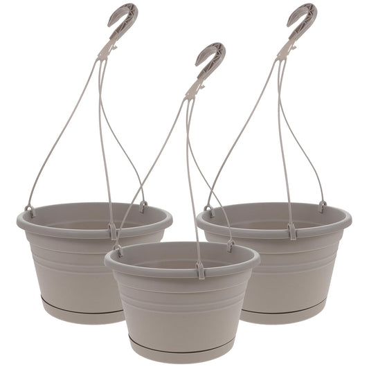 Milisten 3 Pcs Hanging Planters for Indoor Outdoor Plants, 10 Inch Plastic Hanging Flower Pots with Hooks and Detachable Trays, Weather Resistant Plant Baskets for Balcony Fence Railing, Light Grey