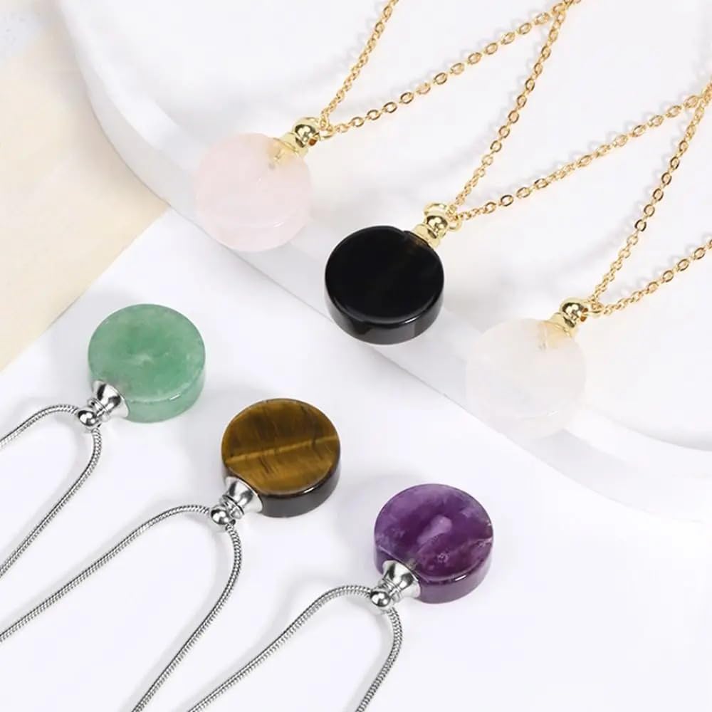925 Sterling Silver Essential Oil Necklace For Women And Men, 14K Gold Filled Natural Stone Round Perfume Bottle Necklace, Essentials Oil Diffuser Vial Necklace (6 - Essential Oil Necklace)