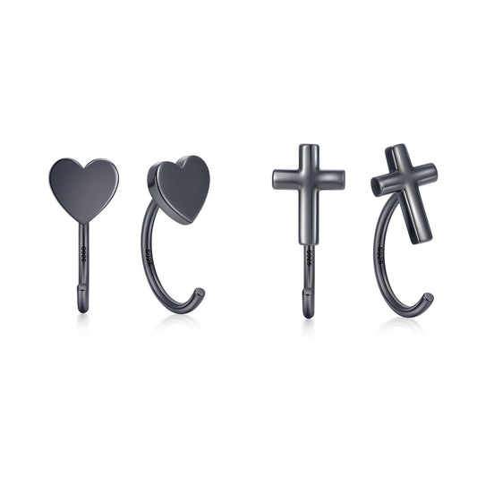 CHIC & ARTSY Backless Earrings for Women 925 Sterling Silver Half Huggie Hoop Earrings Ardant Stay Close Hoops Black Loving Heart & Cross No Back Earrings Set Everyday Earrings