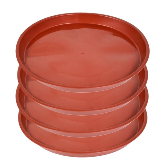 Kichwit 13.5 Inch (12 Inch Base) Plant Saucer, 4 Pack Round Plastic Plant Trays for Indoor & Outdoor, Brown