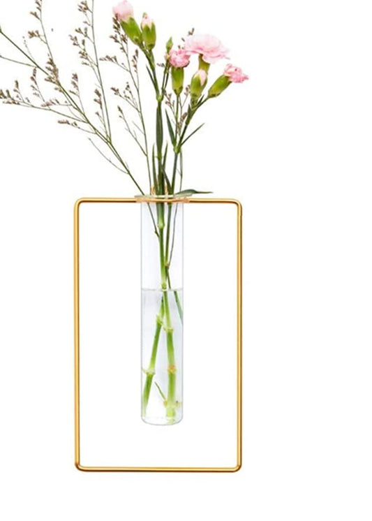 yaocoral Nordic Wall Vase Hanging Geometric Gold Flower Vase Wall Mount Metal Frame Vases Hydroponic Glass Bud Vase Decor for Home Wedding Farmhouse