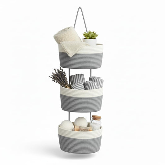 Wycoroy 3-Tier Woven Cotton Rope Hanging Basket, Over the Door Organizer, Adjustable Detachable Wall Basket with Metal & Adhesive Hooks, No Drilling for Farmhouse, Boho Home and Wall Decor