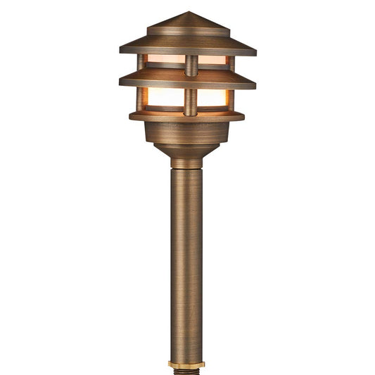 VOLT 12V 3-Tier Brass Pagoda Path Light (Bronze) with 3W 2700K Warm White G4 LED Bulb for Low Voltage Landscape Lighting on Outdoor Pathway, Walkway, Garden, Driveway or Patio