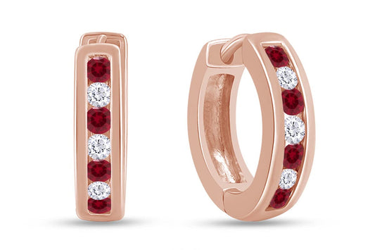 Huggie Earrings for Women, 14K Rose Gold Over Sterling Silver Hoop Earrings with Simulated Ruby and White Cubic Zirconia, Dainty Elegant Jewelry Gift