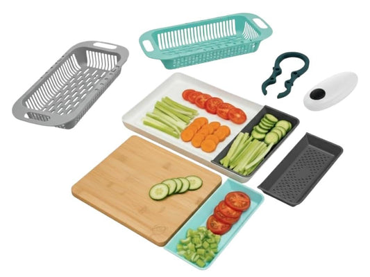 3-Piece Kitchen Essentials Set – Smart Electric Can Opener, Bamboo Cutting Board with Food Trays & Extendable Sink Strainer | Premium Food Prep & Cooking Gift Bundle