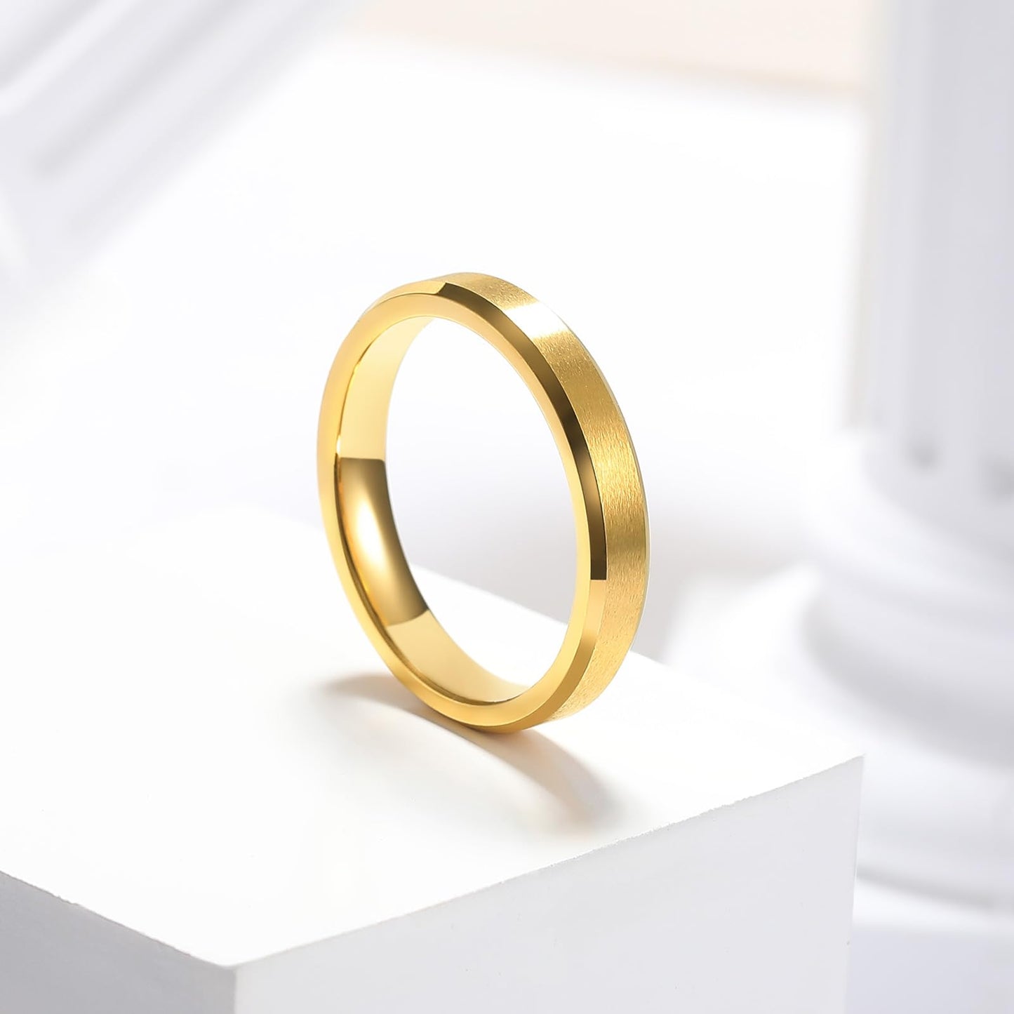 King Will 4mm Gold Tungsten Wedding Band Basic Wedding Ring For Men with Brushed Matte Surface Beveled Polished Edge Comfort Fit 10