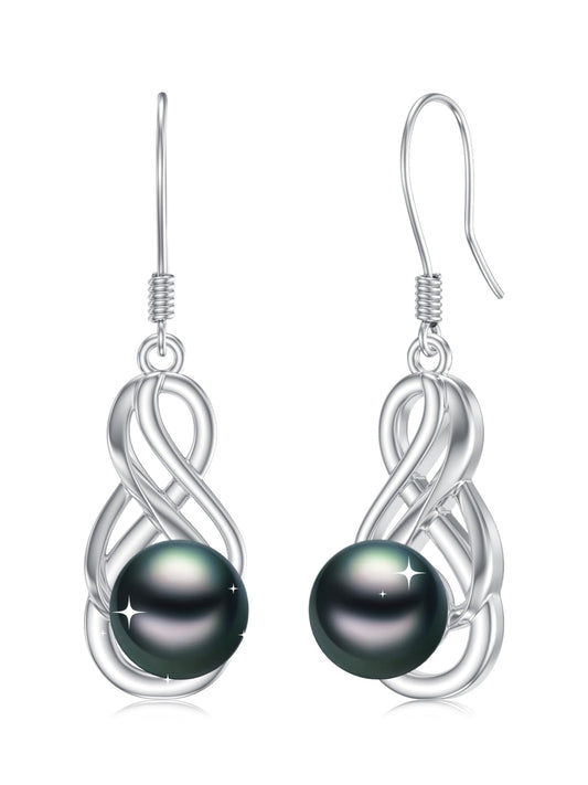 KANNSOAR 7MM Tahitian Black Pearl Dangle Drop Earrings, 18K White Gold Plated Sterling Silver Everyday Infinity Earrings for Women Wife Girlfriend Jewelry Gift for Anniversary Birthday Christmas