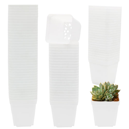 GOETOR 2.7 Inch Square Nursery Pots,100 Pack White Plastic Plant Containers,Sturdy & Durable Starter Pots with Drainage Holes for Seed Starting,Succulents,Cuttings & Transplanting