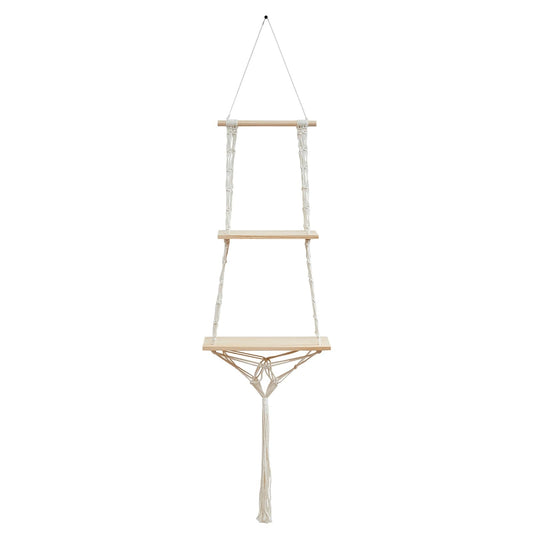 YYHTYZ 2 Tier Wooden Hanging Shelf, Boho Hand-Woven Cotton Wall Hanging Rack, Solid Wood Board, Featuring a Storage Net at the Bottom, Designed for Wall Mounting, Hanging Storage Shelves