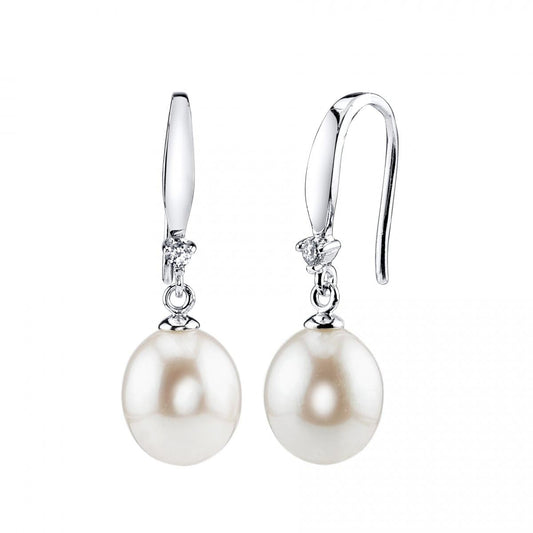 The Pearl Source Real Pearl Dangle Earrings for Women with Genuine AAAA Quality White Freshwater Cultured Pearls | 14K Gold Plated 925 Sterling Silver Earrings