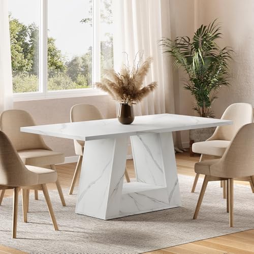 LITTLE TREE Dining Table for 4-6 People, 63 Inches Dining Room Table with Wooden Triangle Pedestal Base, White Faux Marble Rectangle Dinner Kitchen Table for Dining Room, Kitchen, Living Room