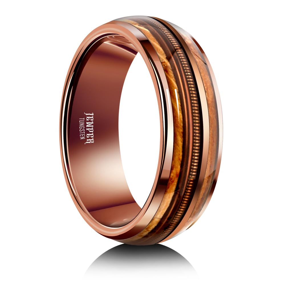 JEWPER 8mm Men Womens Wedding Band Tungsten Rings Brown Fashion Promise Carbide Inlaid Guitar Strings Whiskey Barrel Wood Matte Finish Edge Comfort Fit size 7-12(13)