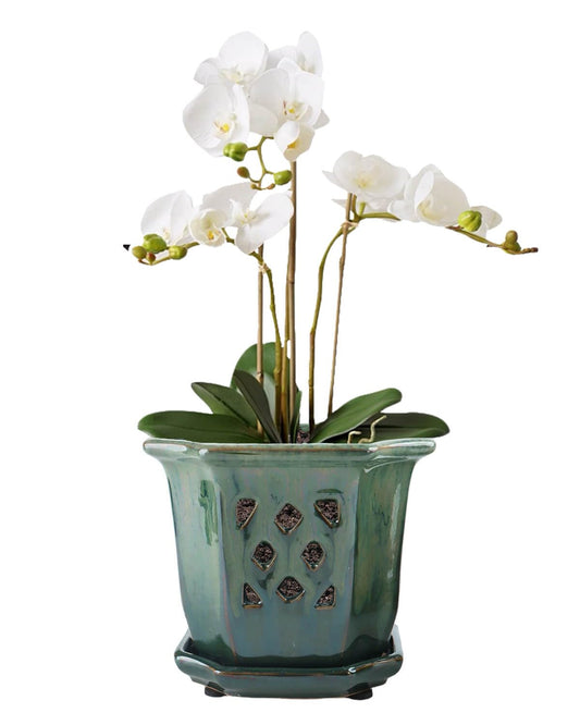 vensovo 6 Inch Ceramic Orchid Pots with Holes - Octagonal Orchid Pots for Repotting, Garden Planter Indoor and Outdoor with Attached Saucer Supports Air Circulation(Green)