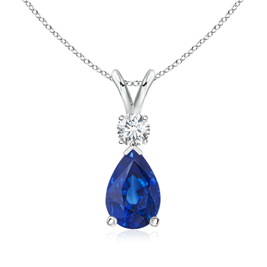 Angara Natural Blue Sapphire Solitaire Pendant for Women | Prong-Set Blue Sapphire Teardrop V-Bale Pendant with Diamond in White Gold | September Birthday, Gemstone Jewelry Gift | AAA | 6x4mm