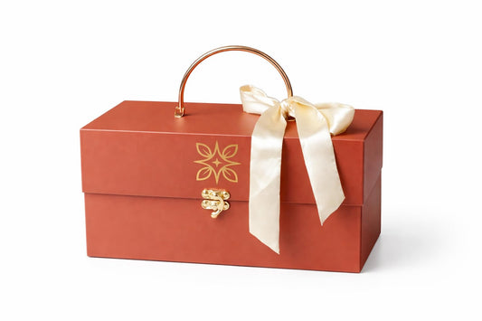 Améluxe Reusable Luxury Gift Box with Love, Brown with Gold Handle and Satin Ribbon, Decorative Storage Box with Clasp