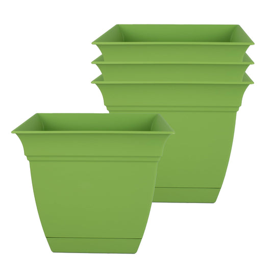 The HC Companies 6 Inch Eclipse Square Planter Pots w/Drainage Holes & Attached Saucer, Lightweight UV-Resistant Plastic Indoor Outdoor Planters, 4-Pack Flower Pots, Garden Home Decor, Peridot Green
